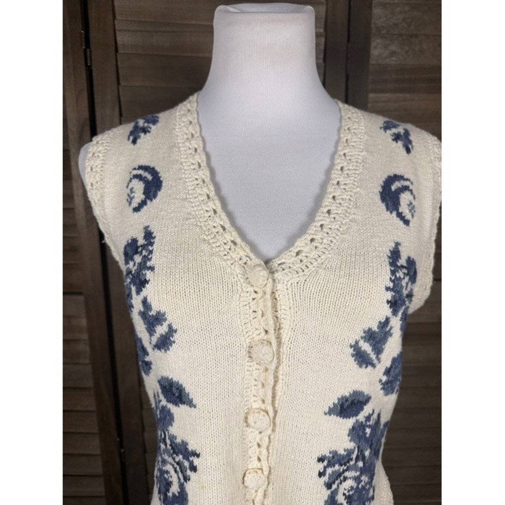 Mixit Womens Medium Floral Striped Knit Sweater Vest Blue Cream Ramie Cotton - Picture 4 of 10